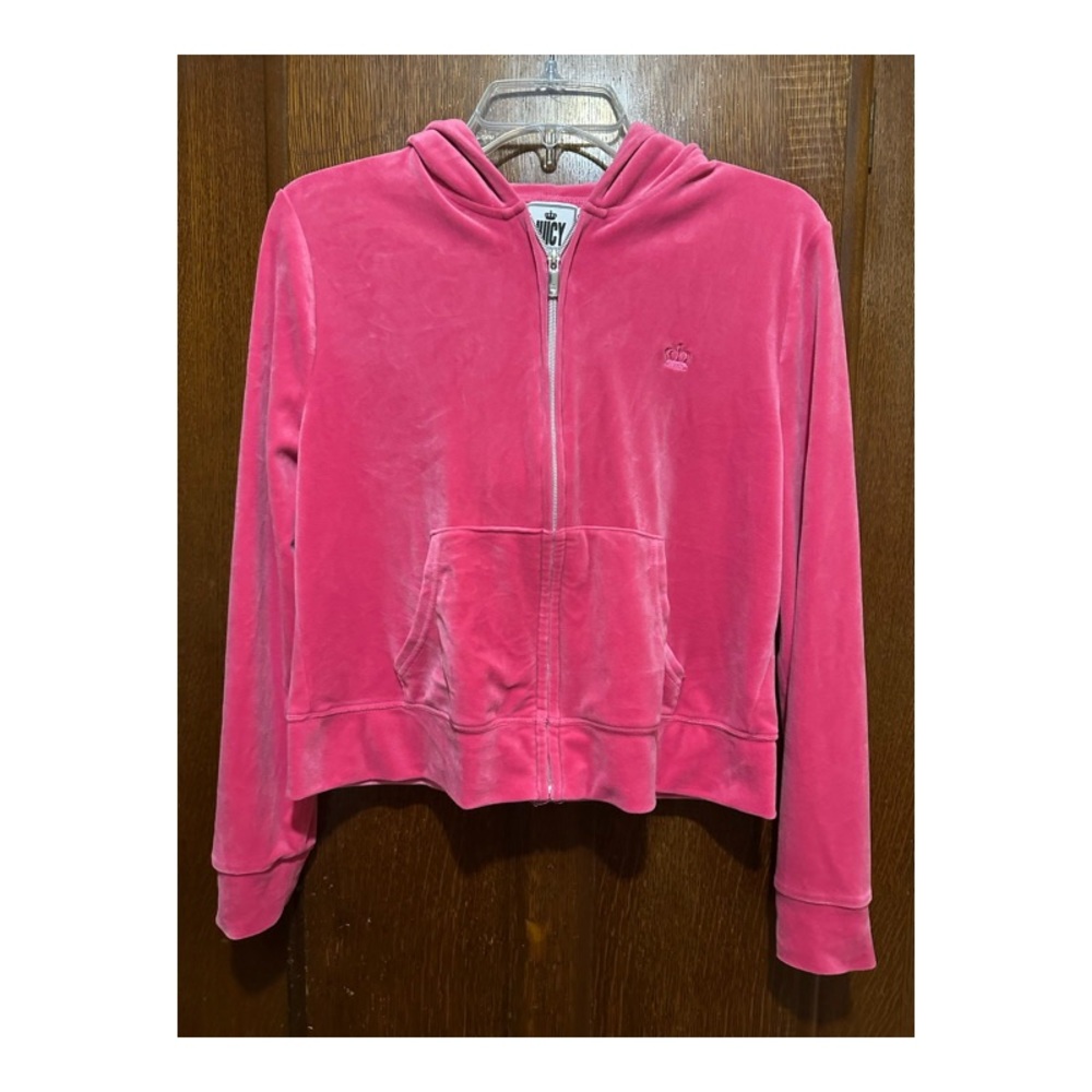 Juicy Couture Women Sweatshirt Large Pink Hoodie Velour Cropped Full Zip